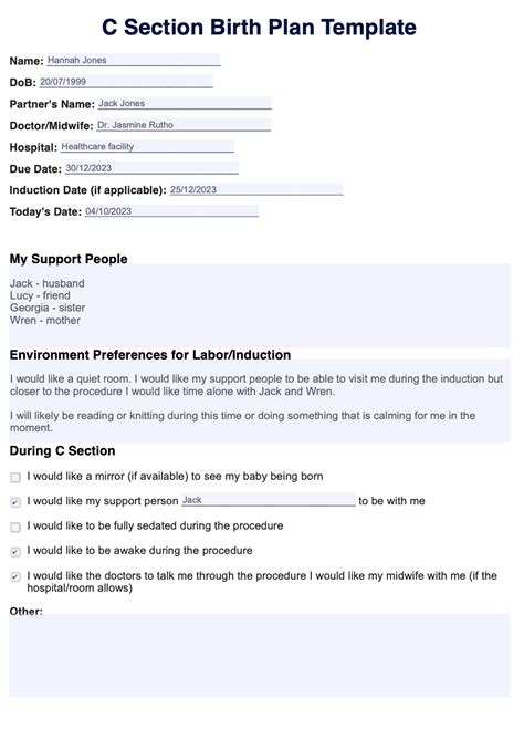 Printable C Section Birth Plan Template