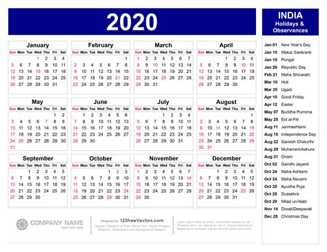 printable calendar with holidays 2020 india