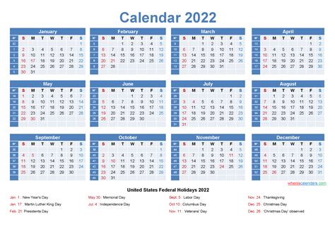printable calendar with holidays 2022 word