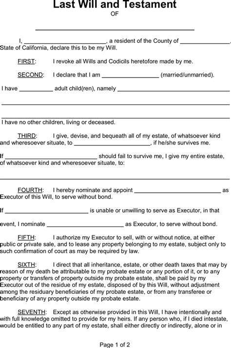 Printable California Last Will And Testament Free Template