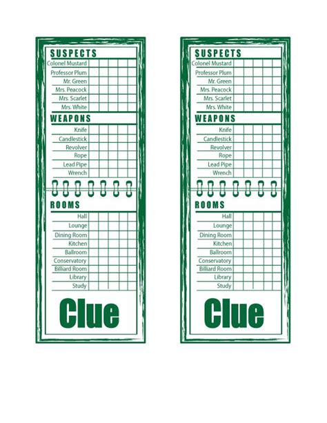 Printable Clue Card Game Sheets