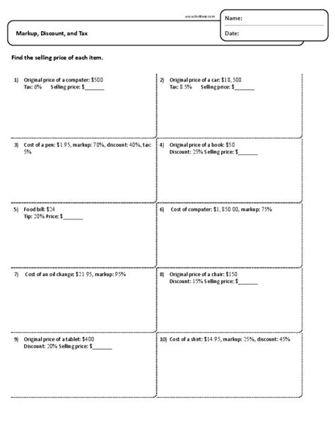 Printable Cost Markup Markdown Worksheet
