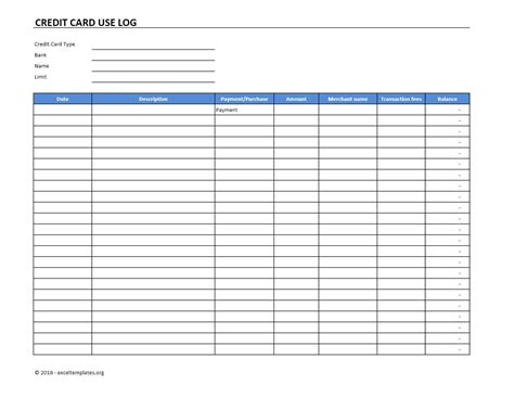 Printable Credit Card Log