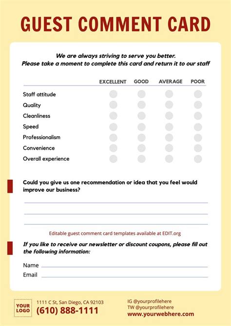 Printable Customer Comment Card Template
