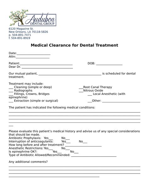 Printable Dental Clearance Form