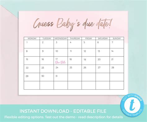 Printable Due Date Calendar