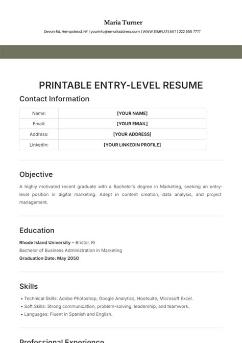 Printable Entry Level Resume Template