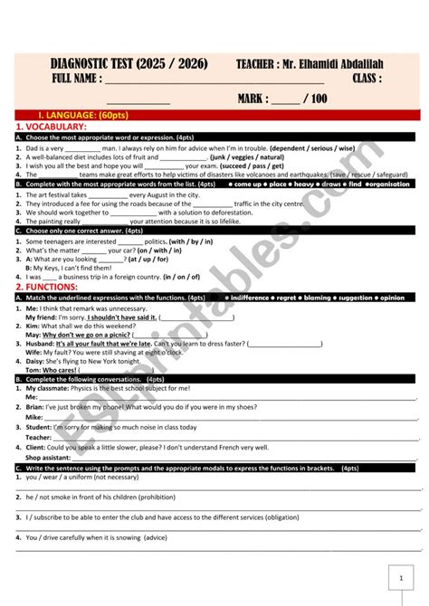 Printable Esl Diagnostic Test