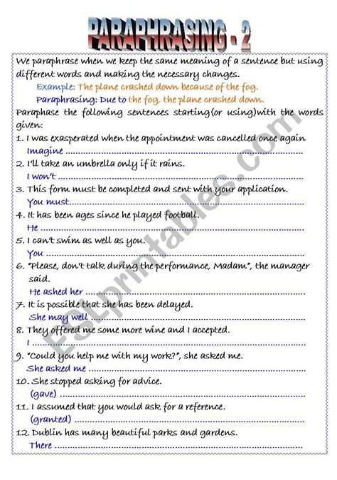 Printable Esl Paraphrasing Worksheets