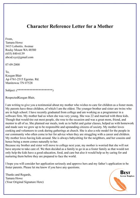 Printable Example Of A Character Reference For A Mother