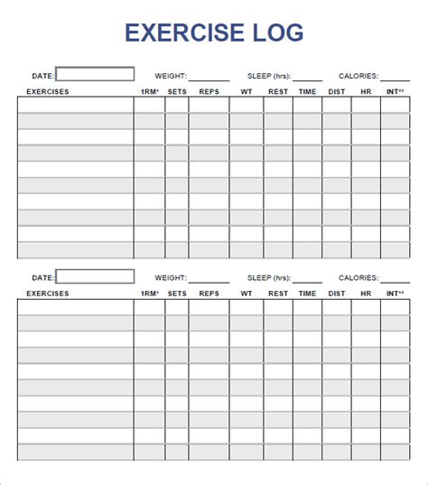 Printable Exercise Log Pdf