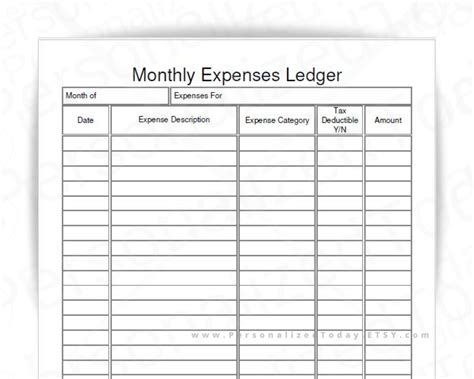 Printable Expense Ledger Sheet