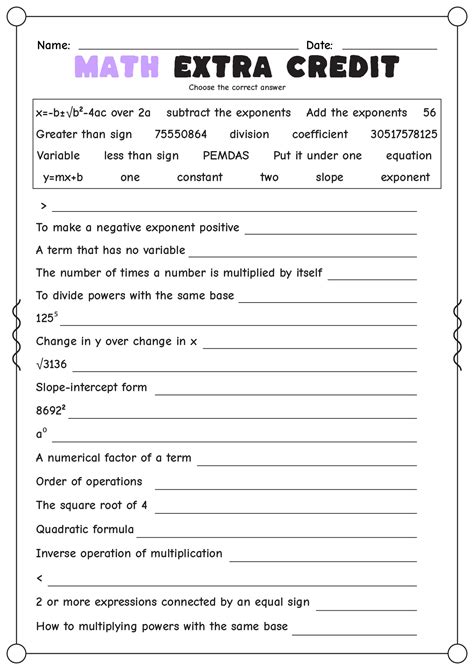 Printable Extra Credit Third Grade Math