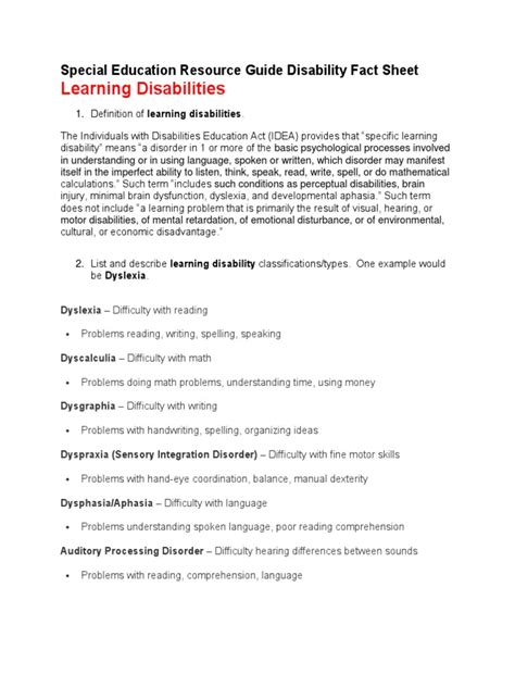 Printable Fact Sheets On Learning Disabilities