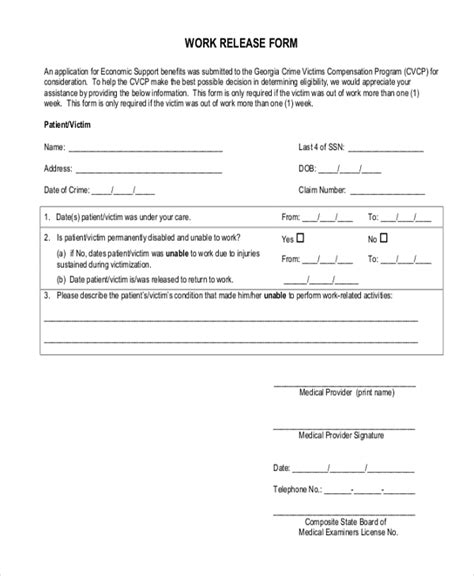 Printable Fake Work.release Form