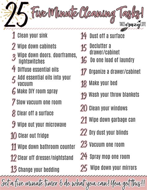 Printable Five Minute Tasks