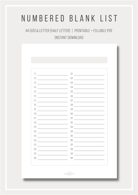 Printable Form For Numbered List
