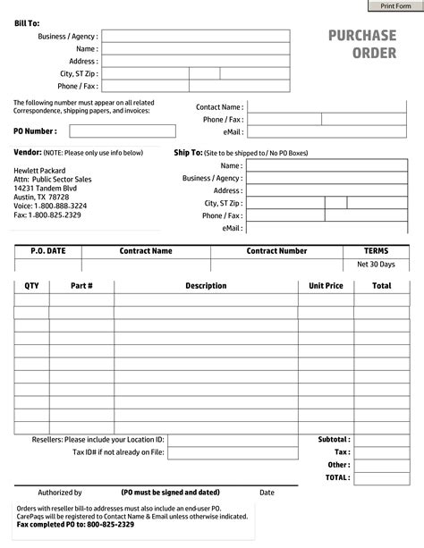 Printable Form For Recording Purchase Orders