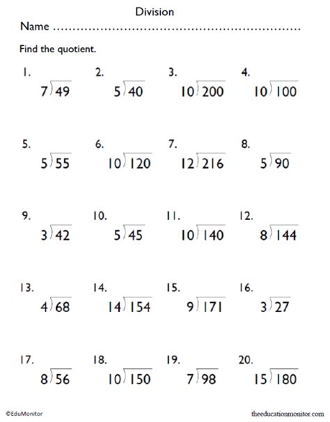 Printable Fourth Grade Division Worksheets