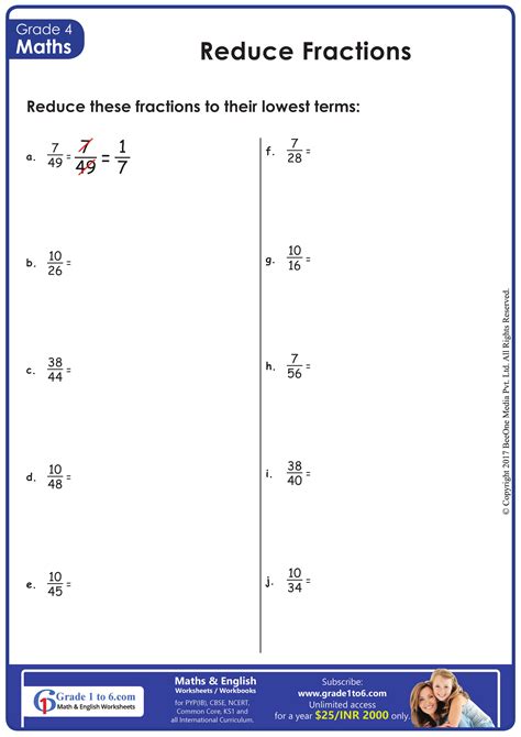 Printable Fractions Quiz Reduce Convert