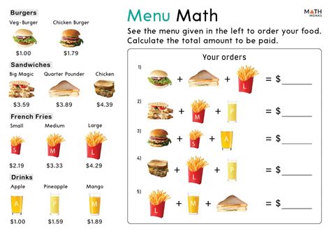 Printable Free Menu Math Worksheets Pdf