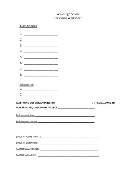 Printable Freshman Worksheet