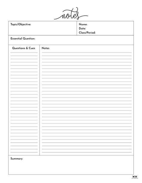 Printable Full Size Cornell Notes Template