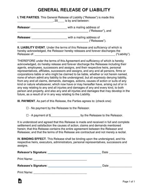 Printable General Release Of Liability Form Pdf