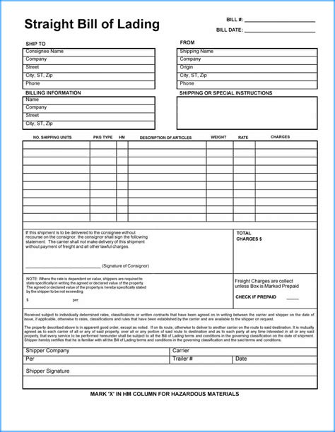 Printable Generic Bill Of Lading