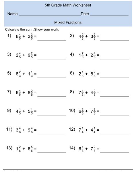 Printable Grade 5 Math Worksheets