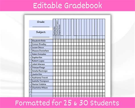 Printable Gradebook Template Editable Free