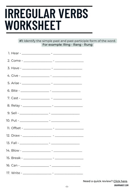 Printable Grammar Worksheets Irregular Verbs