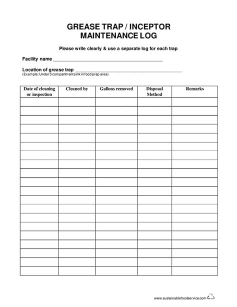 Printable Grease Trap Log