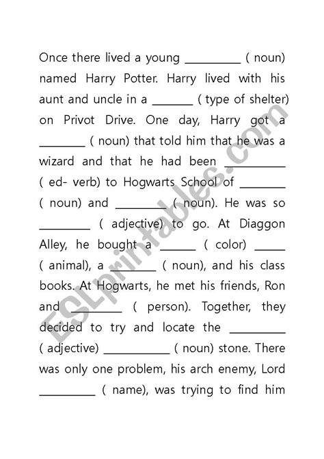 Printable Harry Potter Mad Lib
