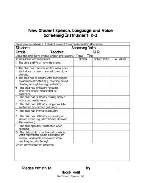 Printable Head Start Speech Language Screening Instrument