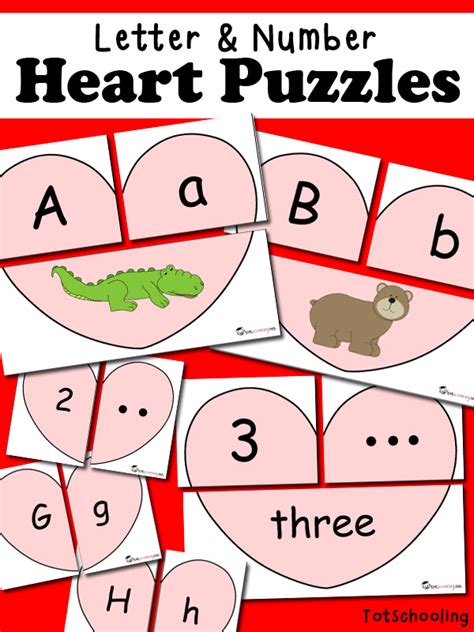 Various types of printable heart puzzles including crossword, word search, and jigsaw