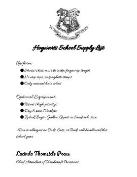 Printable Hogwarts Supply List