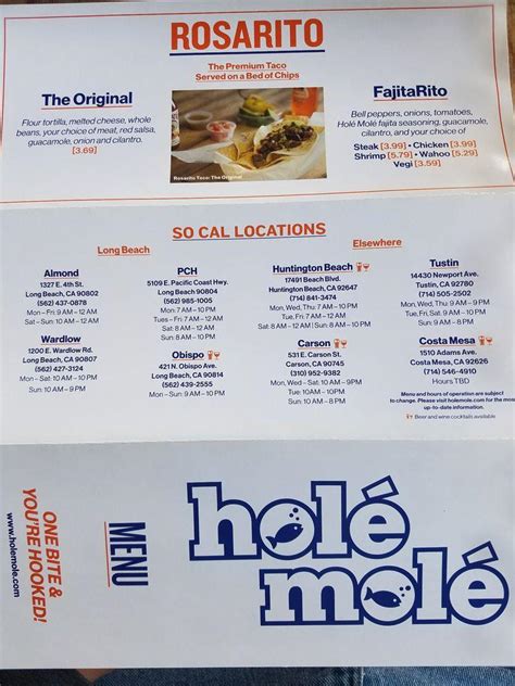 Printable Hole Mole Menu