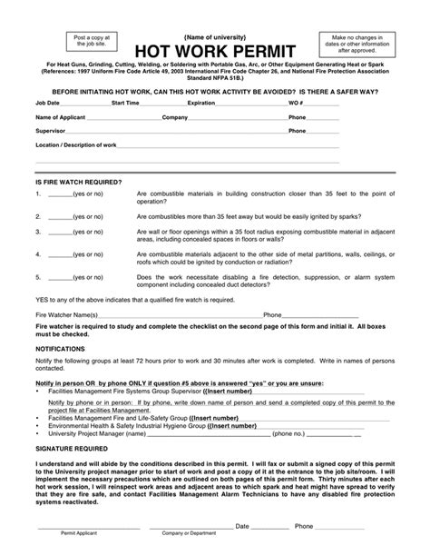 Printable Hot Work Permit Nyc