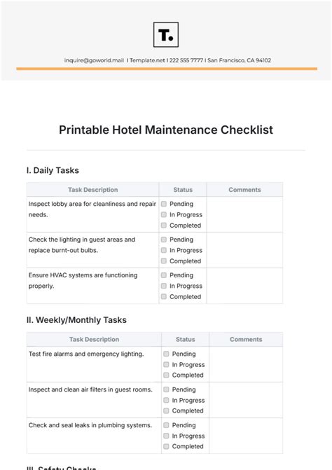 Printable Hotel Preventive Maintenance Checklist Template