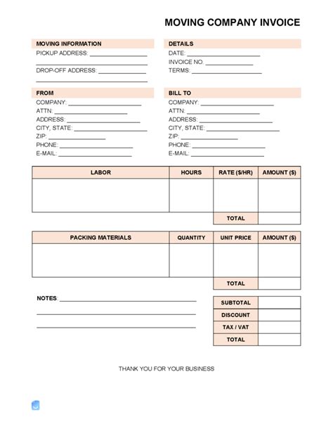 Printable Invoice For Moving Services
