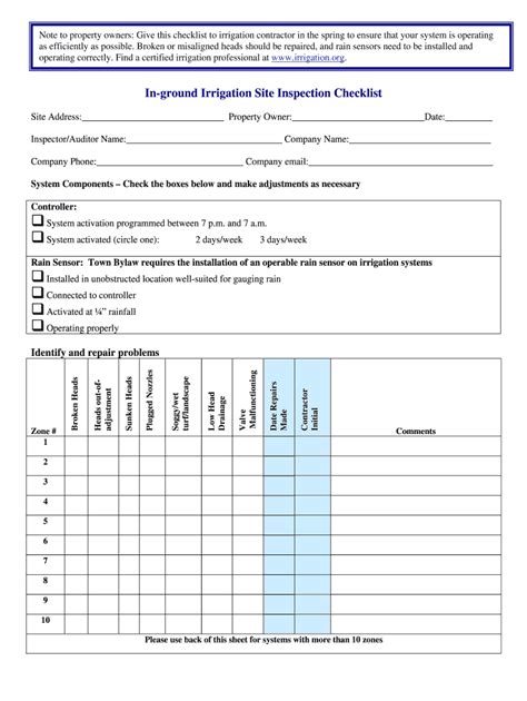 Printable Irrigation Checklist Template
