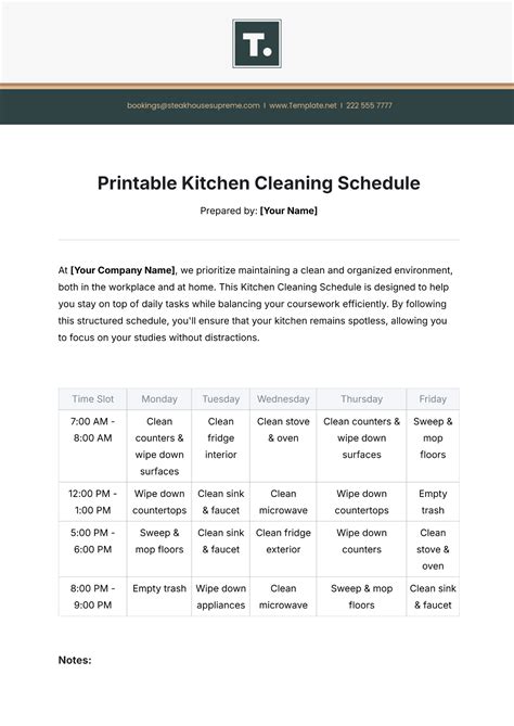Printable Kitchen Cleaning Schedule Template