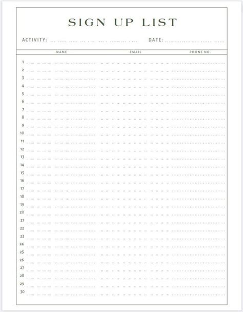 Printable Lined Sign Up