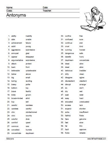 Printable List Of Antonyms