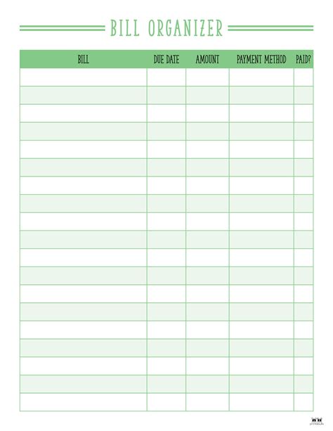 Printable List Of Bills