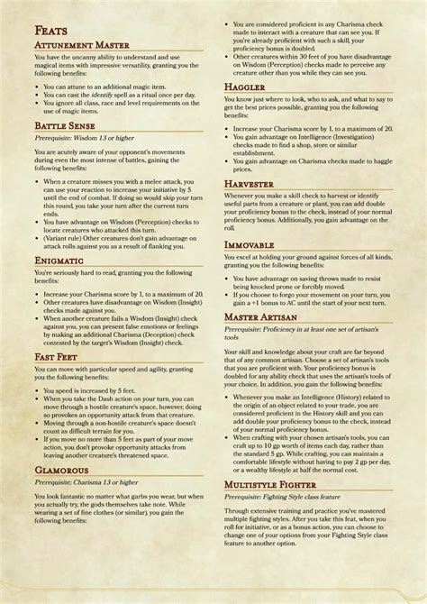 Printable List Of Feats 5E