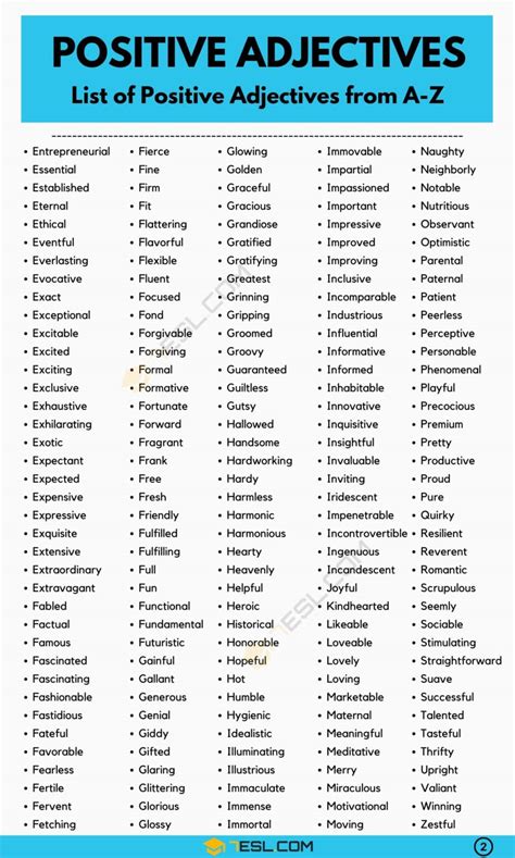 Printable List Of Positive Adjectives