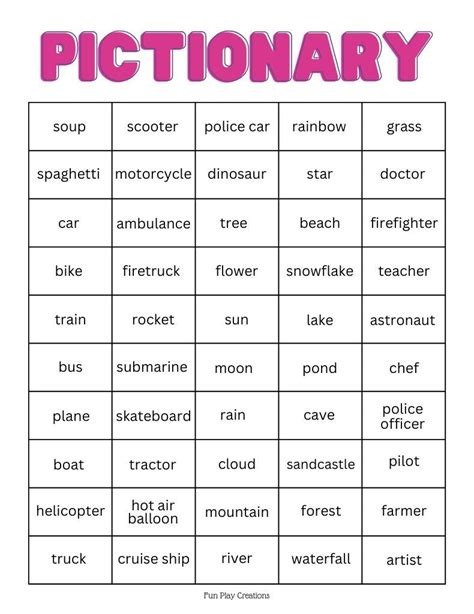 Printable List Of Words For Pictionary