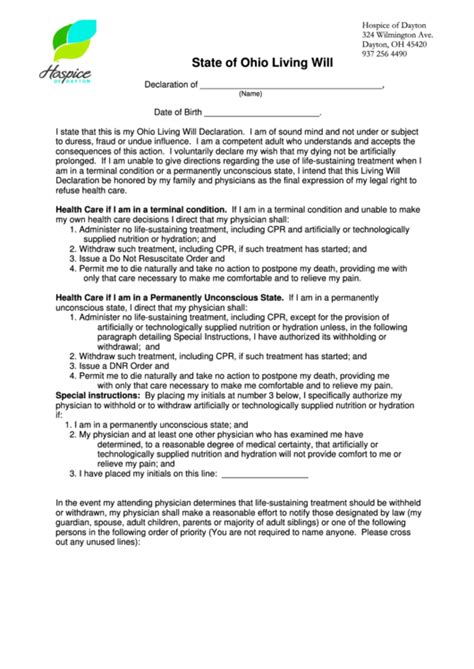 Printable Living Will Form Ohio